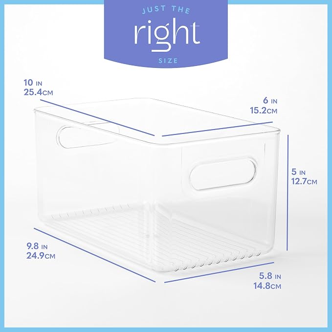 Plastic Food Storage 4 Pack Clear Container Bin with Handles for Organizing Kitchen, Pantry, Fridge, Freezer, Pantry,Bathroom. 10"x6"x5" - Image 3