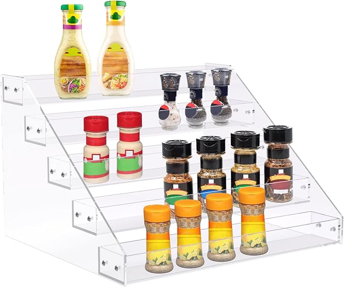 PMMASTO Tiered Spice Rack, Seasoning Organizer, Clear Acrylic Vertical Shelves Can Organizer for Countertop, Cabinet, Pantry, Kitchen Organization and Storage - 5 Tier - Image 2