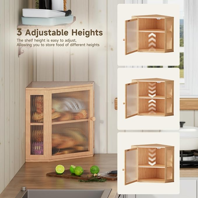 Corner Bread Box for Kitchen Countertop,Bread Storage Bin (Natural, Mediun) | Double Layer Large Capacity Bamboo Bread Container with Acrylic Door,Height Adjustable - Image 5