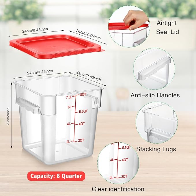 2 Pcs Square Food Storage Container Polycarbonate Clear Food Container with Lid Commercial Rice Storage with Graduations for Commercial Kitchen(8 Qt,Red) - Image 2