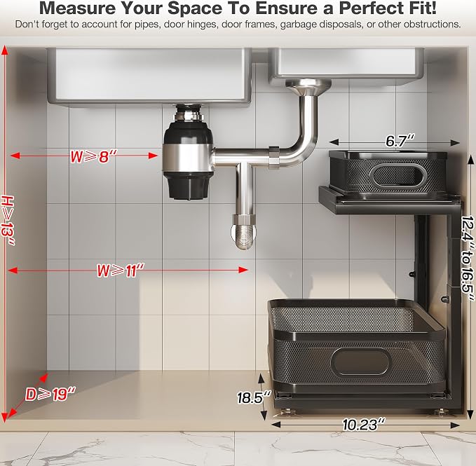2 Pack 18.5IN-Depth Under Sink Organizer With Next-Gen Ball-Bearing Slides,2-Tier Precision Mesh Pull Out Cabinet Storage for Bathroom&Kitchen,Height Adjustable Drawers Shelf,Anti-rust-Black - Image 2