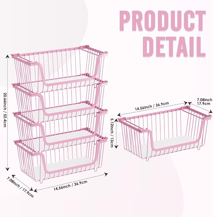 4 Pcs Stackable Wire Baskets for Pantry Organizers and Storage,pink, | Vegetable Fruit Basket for Countertop,Kitchen Storage Metal Baskets,Produce Potato Onion Storage Bin, - Image 2