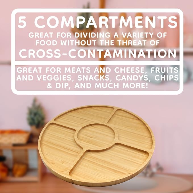 BambooMN Natural 15" Bamboo Round 5 Compartment Serving Tray/Platter, Charcuterie Board, Perfect for Snacks, Party Platter, Appetizers - 1 Tray - Image 5
