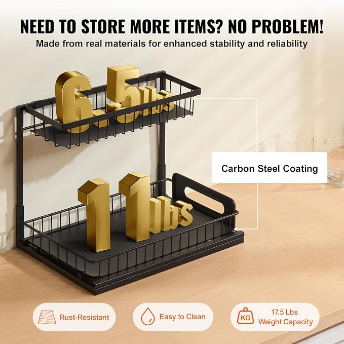 VEVOR 2 Tier Pull Out Cabinet Organizer(10.7"W x 14.2"D), Under Sink Organizer and Storage, Slide Out Drawer Cabinet Organizer, Wire Basket Sliding Storage, 12.5"Wx15.5"Dx13"H Install Size for Cabinet | Kitchen Slide Out Drawer Wire Basket Sliding Stor... - Image 5