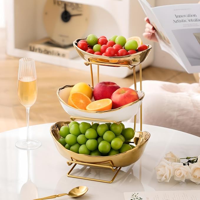 Gold Silver Fruit Bowl with Metal Stand, 3 Tier Ceramic White Fruit Bowl Fruit Rack for Kitchen Counter, Tiered Fruit Basket for Snacks Bread Candy Storage (Gold (Smooth Surface)) - Image 5