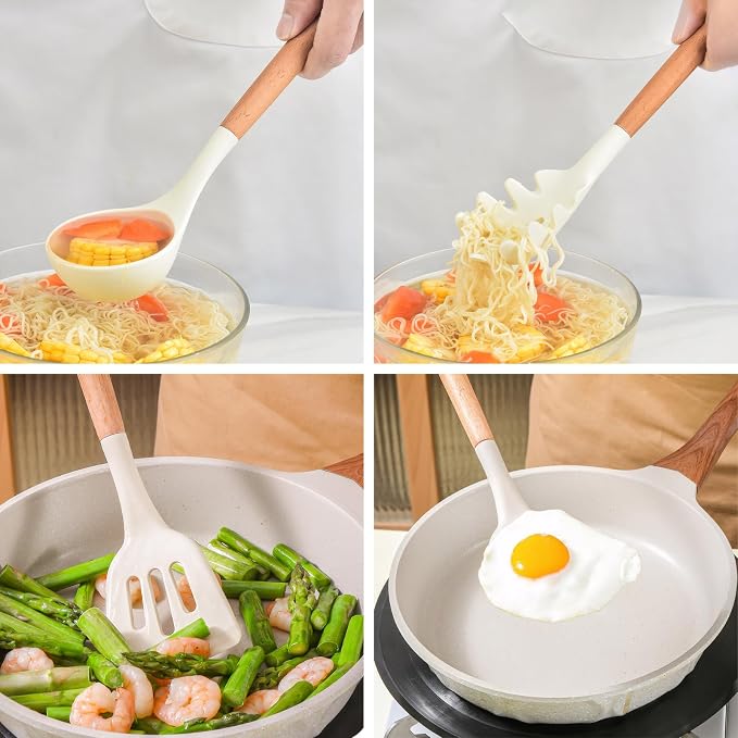 Kitchen Cooking Utensils Set 6Pcs Non-Stick Silicone Kitchen Utensils Spatula Spoon Turner Ladle Pasta Server, Heat Resistant Wooden Handle Silicone Cooking Gadgets Sets for Cookware & Baking - Image 9