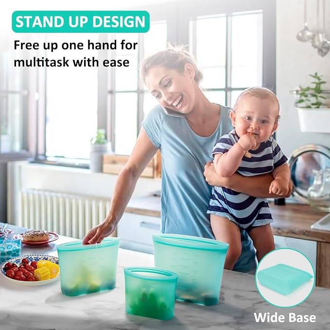 Reusable Food Bags, 8 Pack 100% Silicone Food Storage Bags Stand Up Zip Lock Container, Freezer Microwave Oven Dishwasher Safe, 4 Medium 2 Small 2 Extra Small, Aqua - Image 4