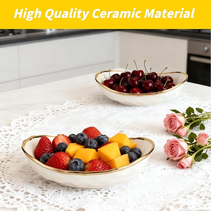 2 Tier Ceramic Fruit Bowl for Kitchen Counter with Metal Rack, Fruit Basket with Stand, Porcelain Bowls for Vegetable Bread Candy Snack Nuts Dessert Cake Tray (Gold 2 layer) - Image 3