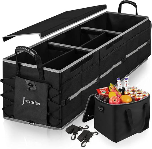 Collapsible Trunk Organizer and Storage for Car with Leak proof Cooler Bag | 3 Compartments Cargo Organizer for SUV Removable Dividers, 5 in1 Car Storage Organizer with Foldable Lid, 2 Tie-Down Straps by Jorindes