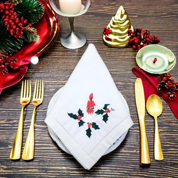 Embroidered Cloth Napkin Candle & Holly Christmas Cotton Napkins Set of 6, 20 x 20 Hemstitch Table Napkins, Machine Washable, Daily & Holidays, Great Gift Ideas - Image 5