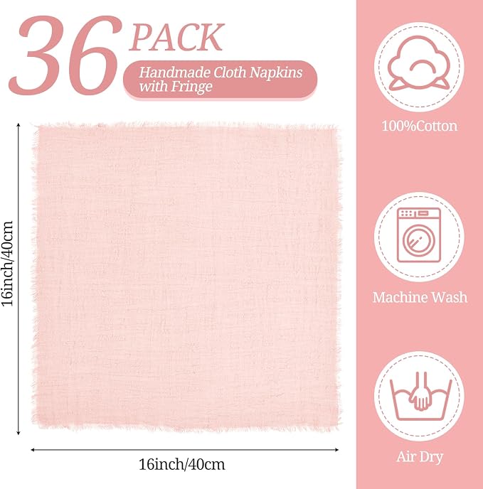 36 Pack Pink Cloth Napkins, 16 x 16 Inch Cotton with Fringe Settings | Handmade washable reusable cotton dinner napkins in bulk for weddings, parties, rustic boho table settings - Image 2
