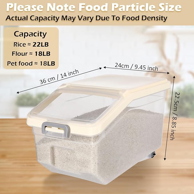 4 Pcs Rice Storage Containers Bulk Flour Sugar Container Wheels Measuring Cups Set Airtight Pet Dog Cat Birds Food Bin Grain Cereal Organizer Box for Dry Baking(Beige,22 lb) - Image 2