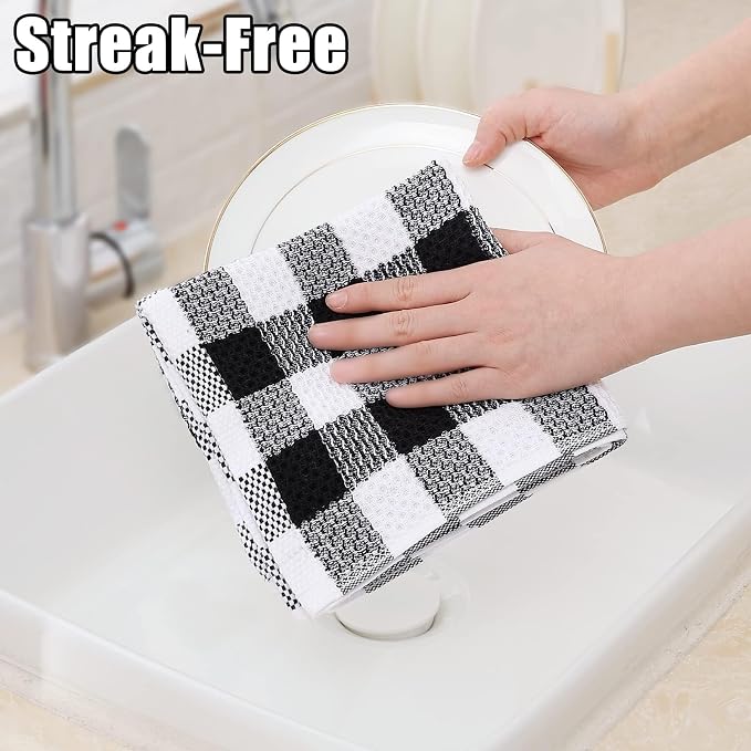 Homaxy Kitchen Towels and Dishcloths Set, Set of 8, Black & White | Bulk Cotton Waffle Weave Check Plaid Kitchen Towels, Super Soft and Absorbent Dish Cloths, 12 x 12 and 13 x 28 Inches - Image 4