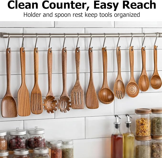 Wooden Spoons for Cooking, 12-Piece Teak Wood Kitchen Utensil Set, Nonstick Safe Wooden Spatulas and Spoons, Smooth Heat-Friendly Cooking Utensils for Everyday Meals (A12) - Image 8