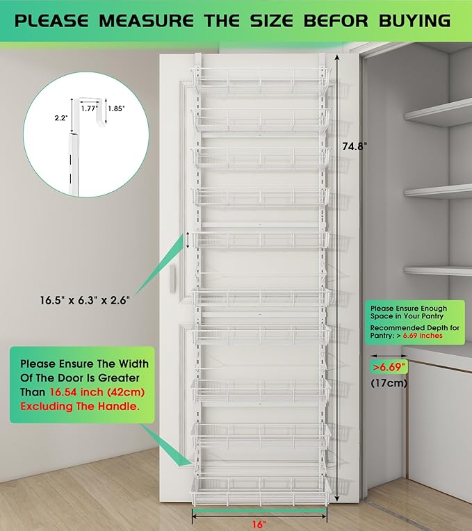 Mefirt White 10-Tier Over The Door Pantry Organizer, 2 in 1 Spice Rack | Pantry Hanging Organizers and Storage, Adjustable Baskets Heavy-Duty Metal for Home & Kitchen, Back of Door Seasoning Rack - Image 2
