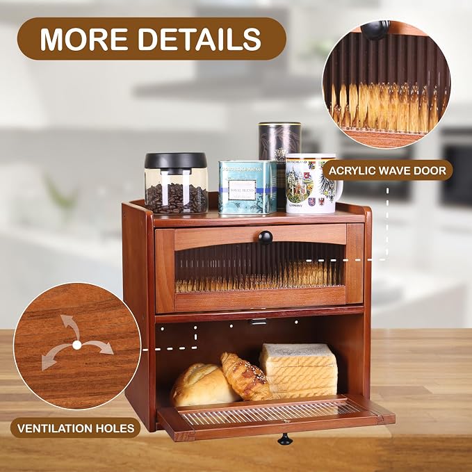 Large Wooden Bread Box for Kitchen Countertop, 2-Tier, Teak | Clear Acrylic Window Spacious Bread Storage Farmhouse Style Pantry Organization For Homemade Bread and Bagels - Image 7