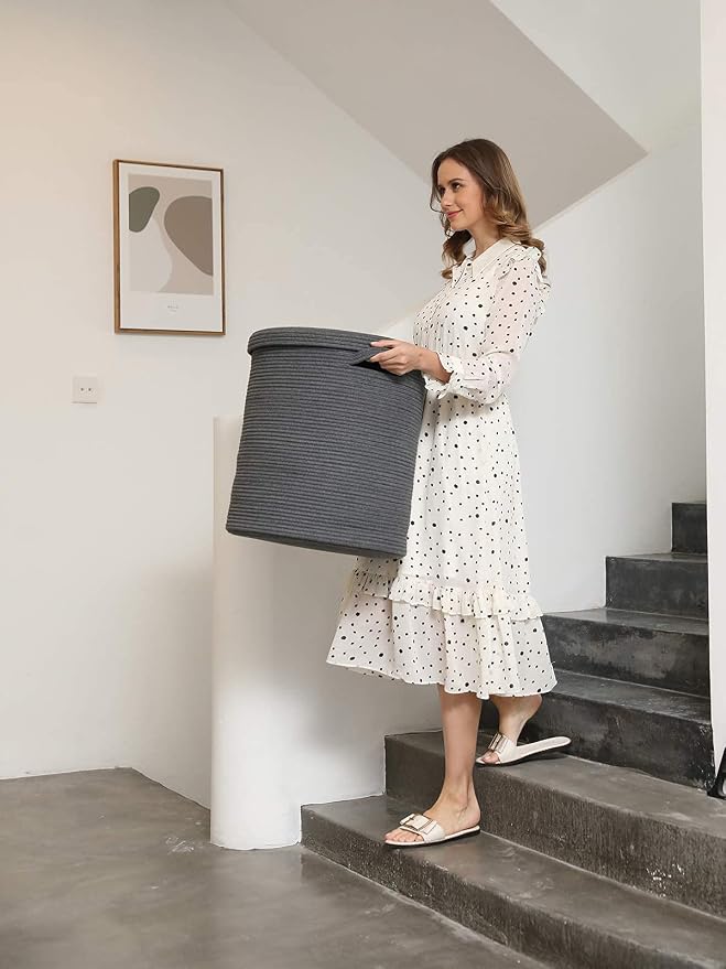 16x18 Inch Extra Large Round Cotton Rope Storage Basket with Lid, Decorative Woven Bin with Cover for Living Room Bedroom Closet, Dark Grey - Image 2