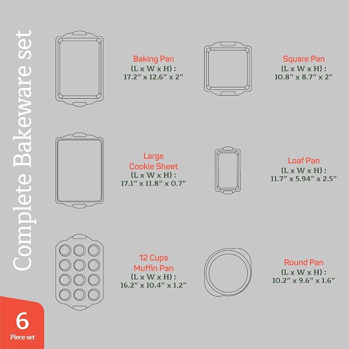 Emporio Kitchen Baking Pan Set - Nonstick Coating, Carbon Steel Bakeware Set with White Silicone Handle, PFOA, PFOS, PTFE Free, Recipe Booklet Included, Oven Safe Tray (Up To 450° F), Set of 6 - White - Image 2
