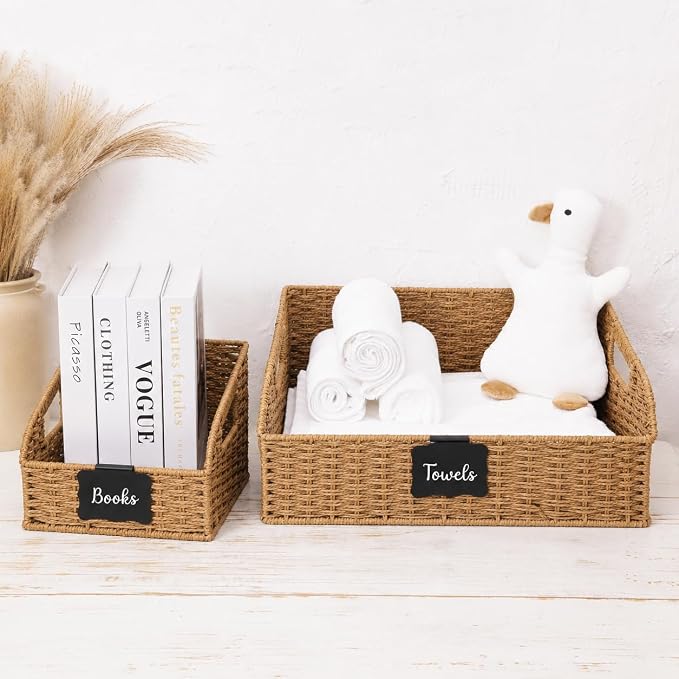 Pantry Organizers, Handwoven Large Wicker Baskets for Shelves & Kitchen, Labeled Storage Baskets for Organizing with Handles - Paper Storage Bins for Shelves, 3 Pack, Natural - Image 9