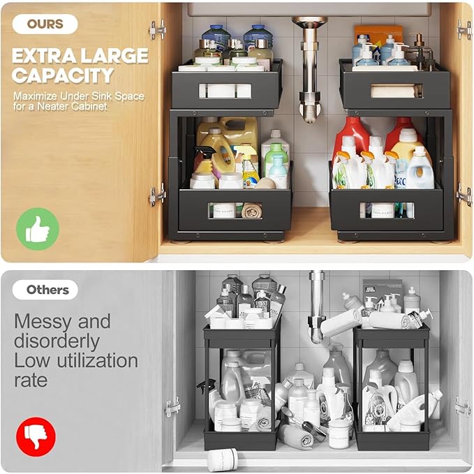 Under Sink Organizer, 2-Tier Dual Pull Out Cabinet Organizer Drawers With Smooth Circular Rail, Large Capacity Metal Mesh Sliding Shelves For Bathroom& Kitchen Storage,Height Adjustable–Black,2 Packs - Image 4