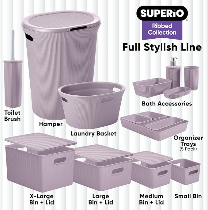 Superio Ribbed Collection - Decorative Plastic Basket Open Home Storage Bins Organizer, Lilac Purple (Set of 4) 1 Large, 1 Medium, 2 Small - Containers for Organizing Closet Storage Bins for Shelves - Image 6