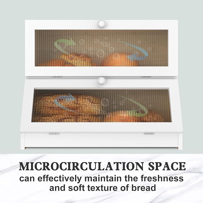 LOHASOK Bread Box for Kitchen Countertop,White | 2-layer, Bamboo, Large, Farmhouse Bread Container Holder Storage, Acrylic translucent window - Image 2