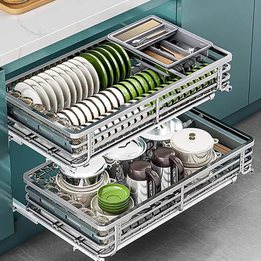 2 Tier Sliding Pull Out Drawers for Kitchen Cabinets, Stainless Steel Drawer Dish Rack Wire Basket, Dish Drying Rack with Drainboard Set, Storage Shelf Home Kitchen by Unknown