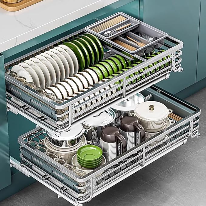 2 Tier Sliding Pull Out Drawers for Kitchen Cabinets, Stainless Steel Drawer Dish Rack Wire Basket, Dish Drying Rack with Drainboard Set, Storage Shelf Home Kitchen by Unknown