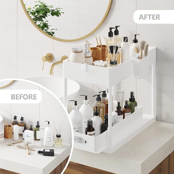 Under Sink Organizers and Storage, Bathroom Cabinet Organizer, Sink Shelf with Utility Hooks and Side Caddy for Under Cabinet Storage | Under Kitchen Sink Organizer with Sliding Drawer, White (1-Pack) - Image 6