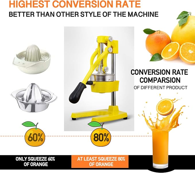 Commercial Heavy Duty Cast Iron Hand Press Manual Orange Citrus Lemon Lime Grapefruit Pomegranate Fruit Juice Squeezer Machine with Stainless Steel Cup Yellow - Image 3