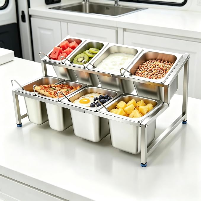 Telescoping Pizza Topping Station Condiment Container Food Prep Holder | 8 Pans & Spoons, Stainless Steel Container Set Ingredients Holder Spice Rack for Kitchen Buffet Pizza Oven Accessories - Image 9