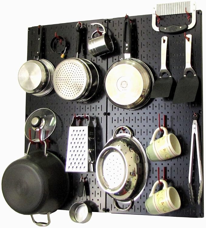 Wall Control Kitchen Pegboard Organizer Pots and Pans Pegboard Pack Storage and Organization Kit with Black Wall Board and Red Accessories by Wall+Control