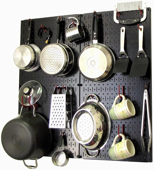 Wall Control Kitchen Pegboard Organizer Pots and Pans Pegboard Pack Storage and Organization Kit with Black Wall Board and Red Accessories by Wall+Control