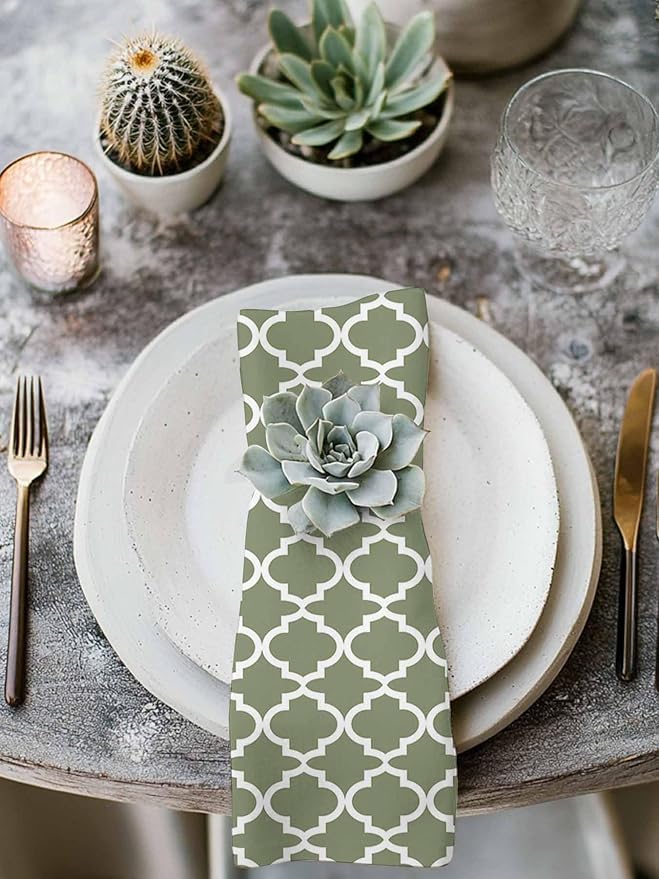 Cloth Napkins Set of 8-20x20 Inches, Green Morocco Washable Reusable Table Napkins, Boho Farmhouse Abstract Geometric Simple Soft & Absortbent Dining Napkin for Party Wedding Hotel Restaurant - Image 3