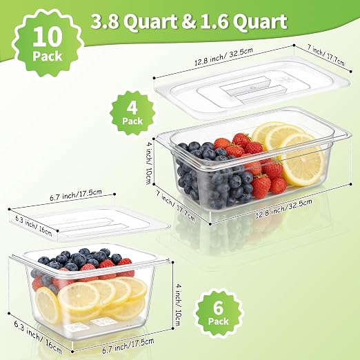 Sliner 10 Pack Plastic Clear Food Pans with Lids, Stackable and Freezer Safe Commercial Food Storage Containers for Fridge Salad Polycarbonate(4" 1/3+1/6 Set) - Image 2