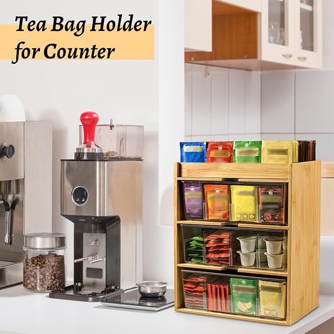 TIMIEEYA Tea Bag Organizer - Bamboo Tea Storage With Drawer 3 Layer, Organizer for Tea Bags Natural Wood & Acrylic for Countertop Office Kitchen Cabinet Pantry - Image 4