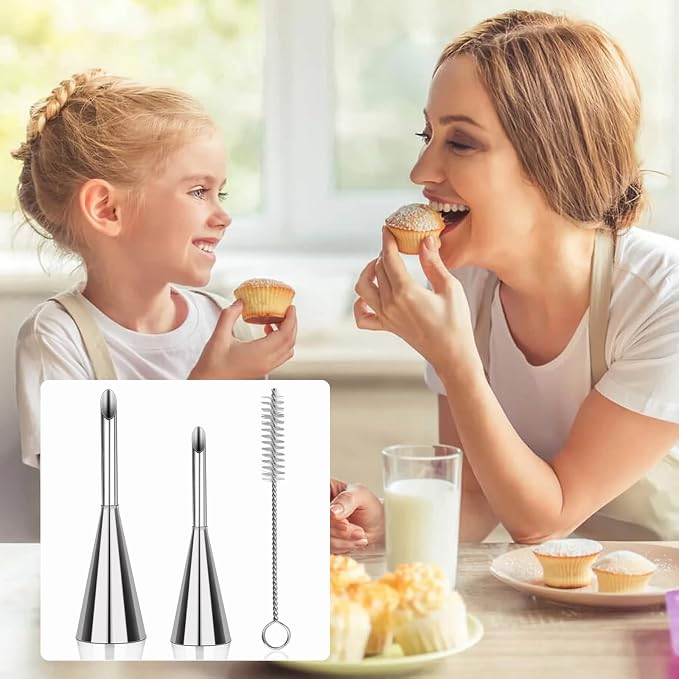 2 Pieces Stainless Steel Nozzles, Reverse Injector, Pastry Baker Nozzle Sleeve, Cream Pipe Decoration Tools for Filling Donuts, Cupcakes with Cleaning Brush - Image 6