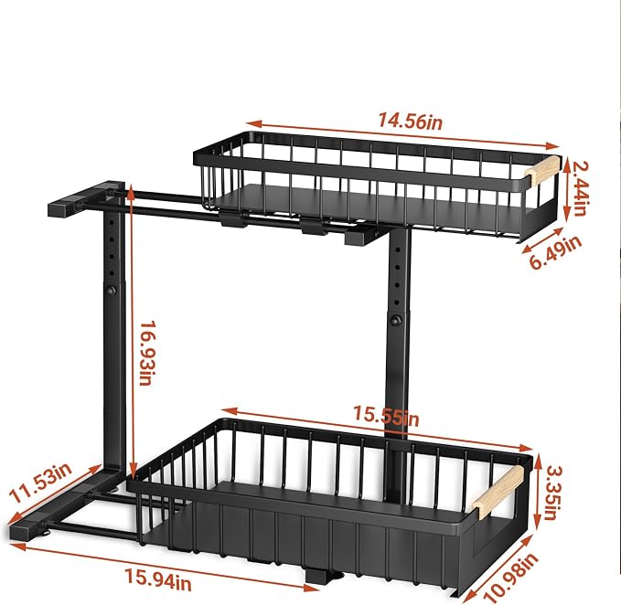 4 Pack L-Shape Under Sink Organizer, 2 Tier Pull Out Cabinet Organizer with 5-Level Adjustable Height, Double Sliding Metal Storage Rack for Kitchen Bathroom Pantry, Black - Image 8