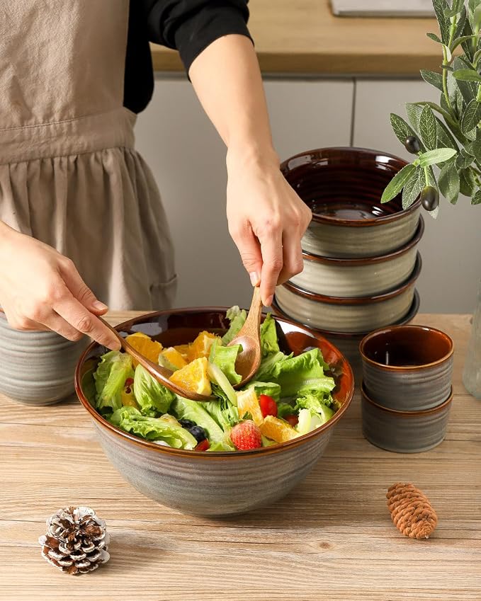 Hasense Serving Bowls, 84 Ounce Ceramic Serving Dishes for Salad Pasta Soup Pho, 9 Inch Mixing Bowls for Baking, Cooking, Kitchen, Party，Dinner, Microwave Dishwasher Safe, Set of 2, Light Grey - Image 2