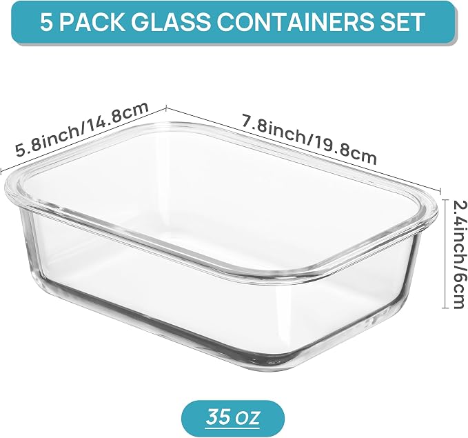 Vtopmart 5 Pack 35oz Glass Food Storage Containers with Lids, Grey | Meal Prep Containers, Airtight Reusable Lunch Container Set, Safe for Oven, Microwave, Freezer, and Dishwasher, BPA Free - Image 2