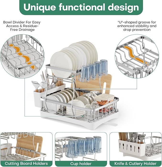 2 Tier Dish Drying Rack,Stainless Steel Dish Rack For Storing Knife Fork Pots&Pans,Dish Drying Rack With Drain Tray For Kitchen Countertops/Sinks,Silver Tiered Dish Rack With Retractable Drain Outlet - Image 4