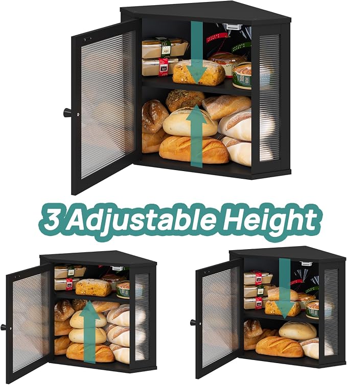 viewcare Corner Bread Box for Kitchen Counter, Bamboo Wood Black Bread Box, Large Capacity Bread Storage Bin with Acrylic Wavy Door Panel (Black, Meduim) - Image 6