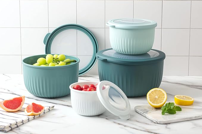 COOK WITH COLOR 4pc Plastic Mixing Bowl Set with Lids (Teal Ombre, 210 ml, 550 ml, 1150 ml, 3500 ml) - Sturdy, Nesting, BPA Free, Dishwasher Safe, Food Safe, Bowls for Cooking and Baking - Image 6