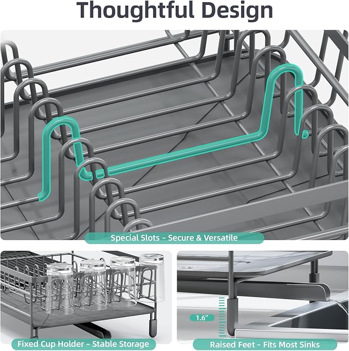 Urackify Extendable Dish Drying Rack, 18.5"-26.7" L x 12.7" W, Gray | Multifunctional large dish rack with cup holder and built-in cutlery holder for versatile drying needs - Image 3