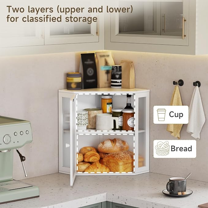 Corner Bread Box for Kitchen Countertop,Bread Storage (White, Extra Large) | Double Layer Large Capacity Bamboo Bread Container Bin with Acrylic Door,Height Adjustable - Image 4
