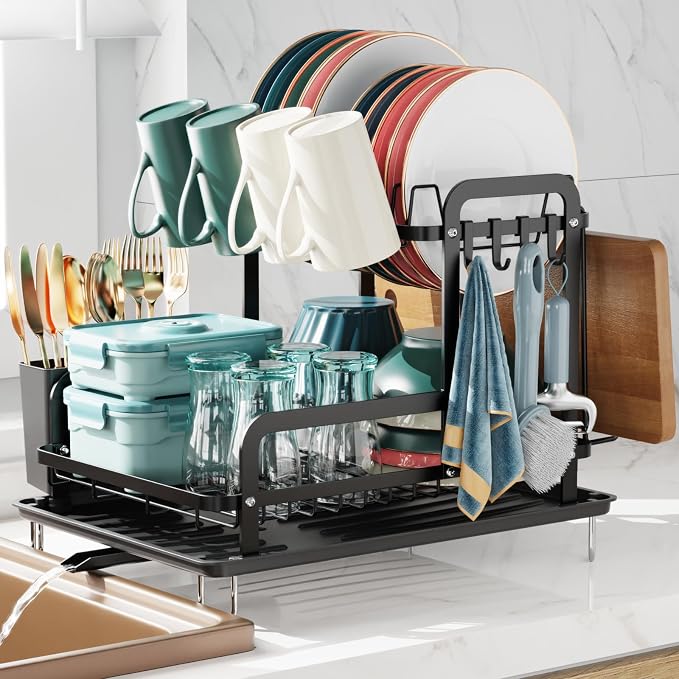 Dish Drying Rack with Drainboard - 2 Tier Dish Racks for Kitchen Counter with Cup Holder, Utility Hooks, Rust-Resistant Dish Drainer with Utensil Holder and Cutting Board Holder, Black by iSPECLE