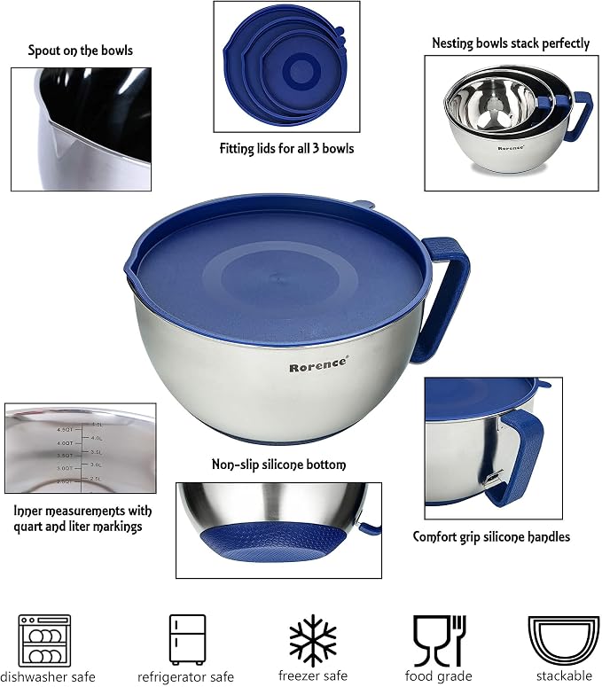 Stainless Steel Mixing Bowls Set with Lids,1.5,3 & 5 Qt,Blue | Non-Slip Silicone Base,Precision Pour Spout,Ergonomic Easy-Grip Handle,Measurement Marks,Airtight Lids,Cooking & Meal Prep - Image 3
