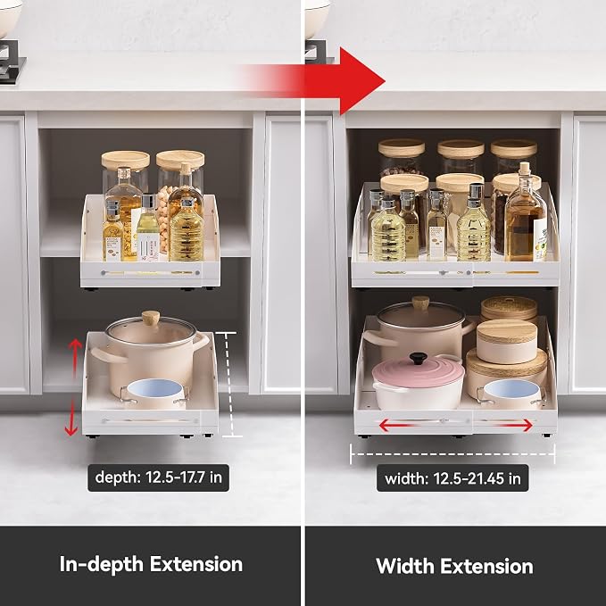 Pull Out Cabinet Organizer 12.5"-17.7"D&12.5"-21"W Raised Walls White | 5.5" Raised Side Walls Zero-Drill Adhesive Install 4-Way Expandable Design Triple-Rail Smooth Glide For Kitchen Cabinets - Image 4