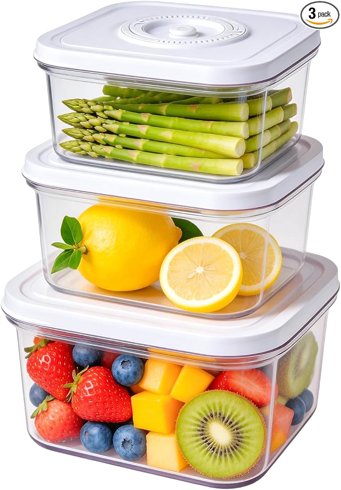 Vixino Vacuum Seal Containers, 3Pcs Reusable Food Storage Containers with Lids for Meal Prep and Freezer, BPA-Free，Microwave Safe，Leak-proof, Airtight (Vacuum Sealer Not Included) by VIXINO
