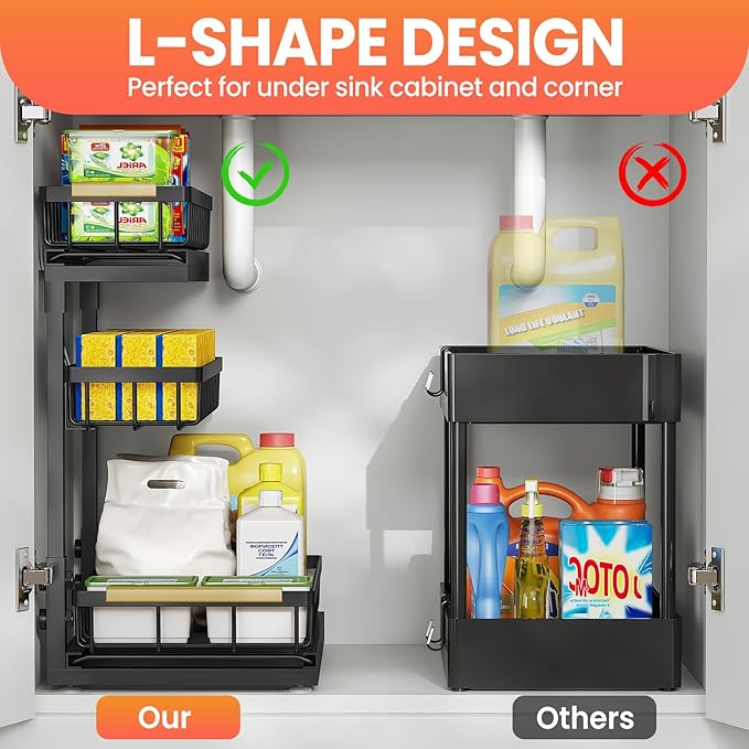 Under Sink Organizer and Storage for Bathroom and Kitchen - 2 Pack 3 Tier | Under Cabinet Pull Out Shelf Organizers - Slide Out Drawer Organization for Home Cabinets Shelves and Drawers - Image 4